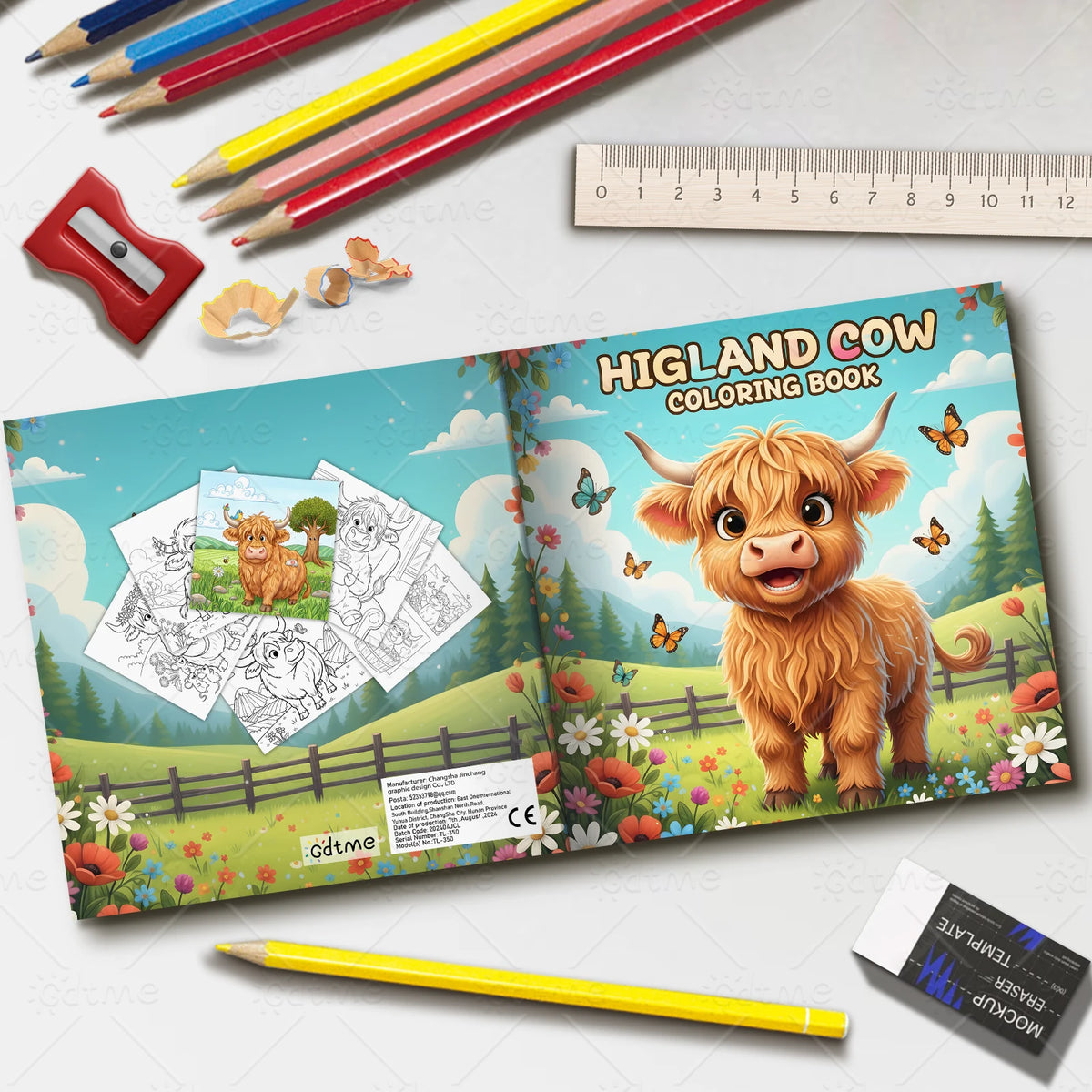 A coloring book featuring a Highland cow illustration for adult stress relief