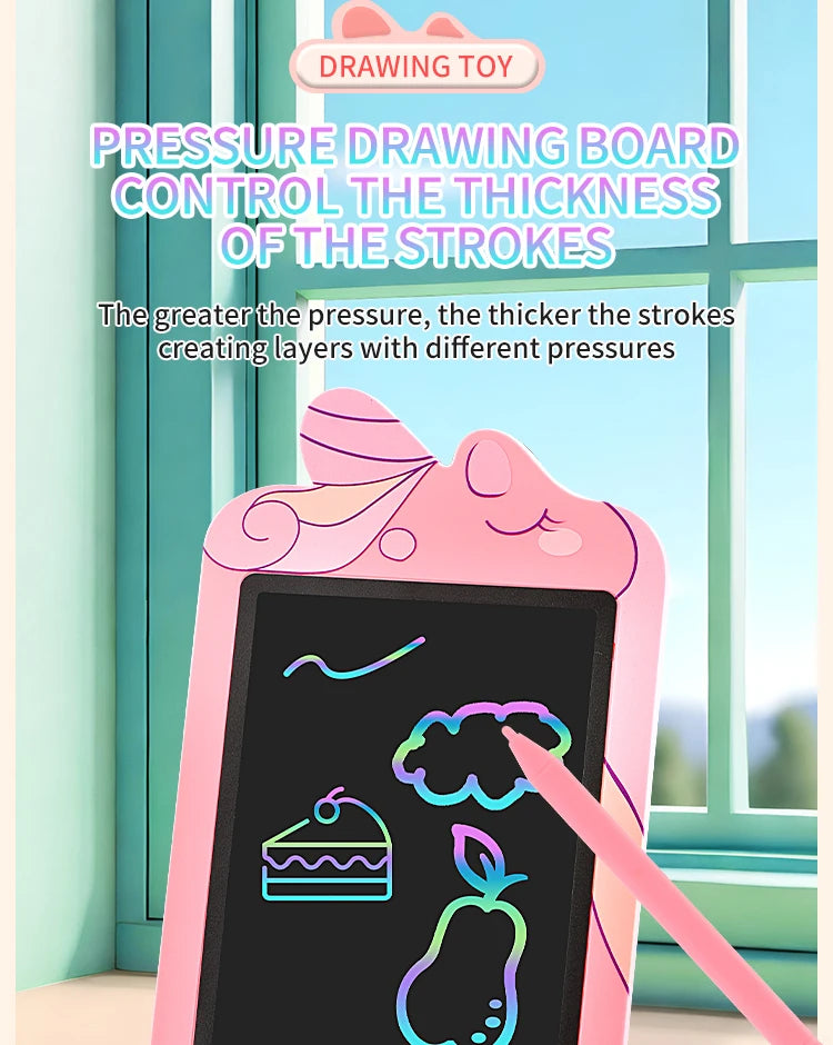 A pink LCD drawing board showing a purple line and a green drawing, with a finger drawing on the screen.