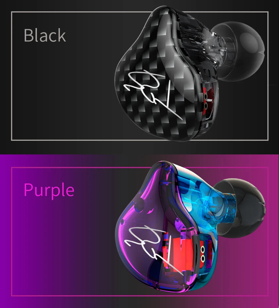 A pair of KZ Dynamic Driver wired headphones shown in black and purple color variations.