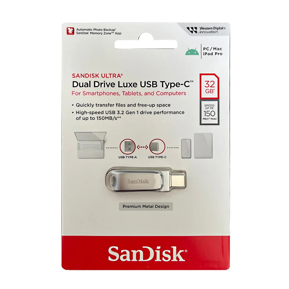Sandisk Ultra Dual Drive Luxe USB Type-C flash drive in a white and red packaging box.