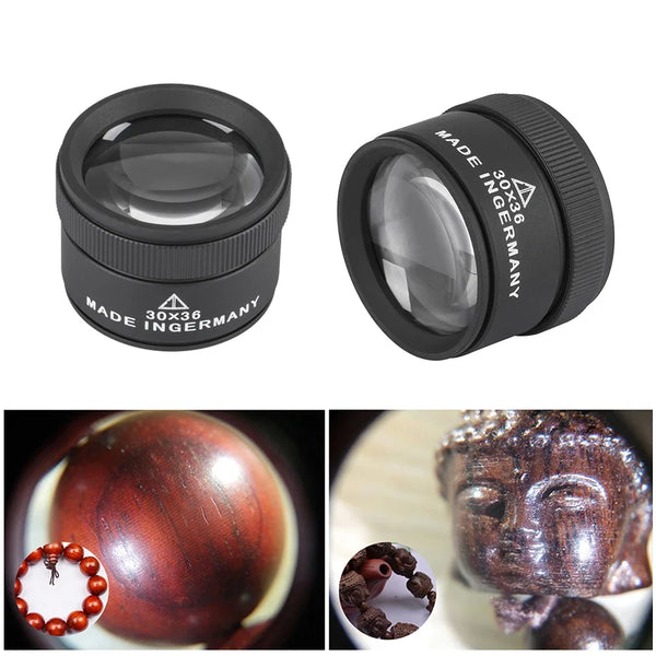 A precision 30x handheld magnifying loupe is shown with various close-up views of jewelry and coins.