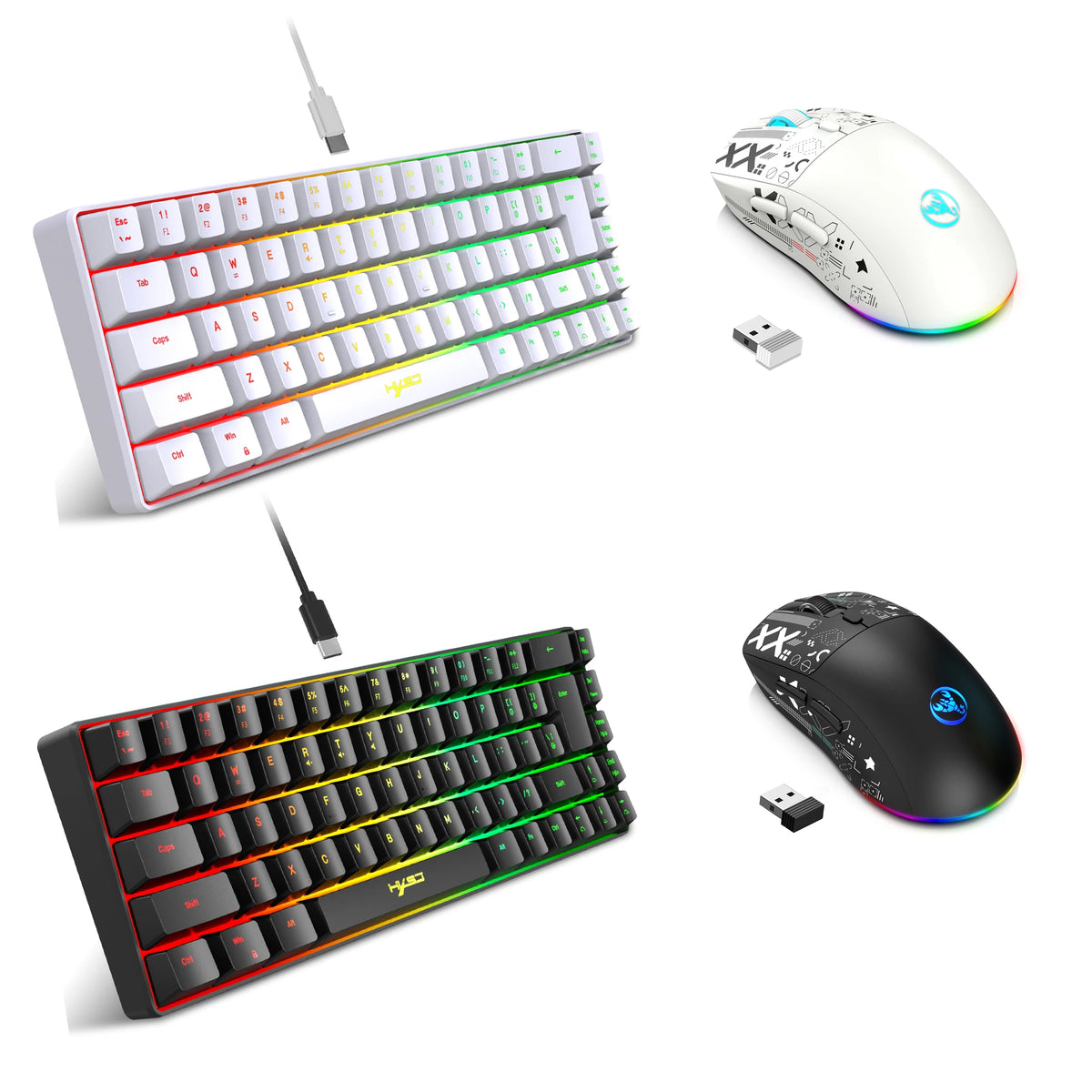 A white 60% wireless gaming keyboard and mouse combo with RGB backlight shown in two views.