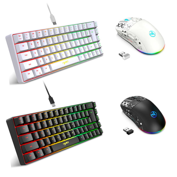 A white 60% wireless gaming keyboard and mouse combo with RGB backlight shown in two views.