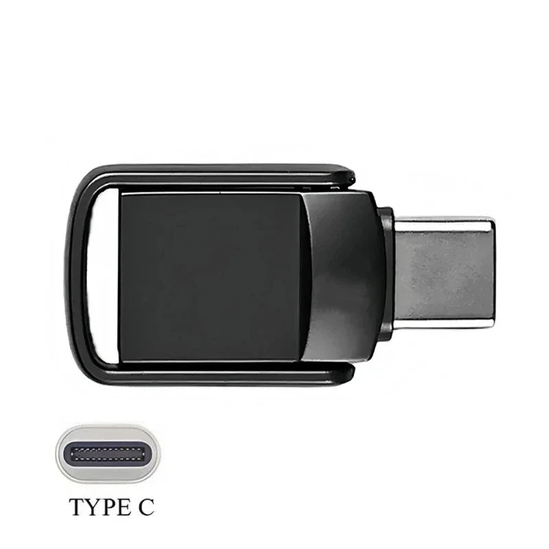 A black 2-in-1 USB 3.2 Type-C flash drive with a metal connector and a USB Type-C port visible.