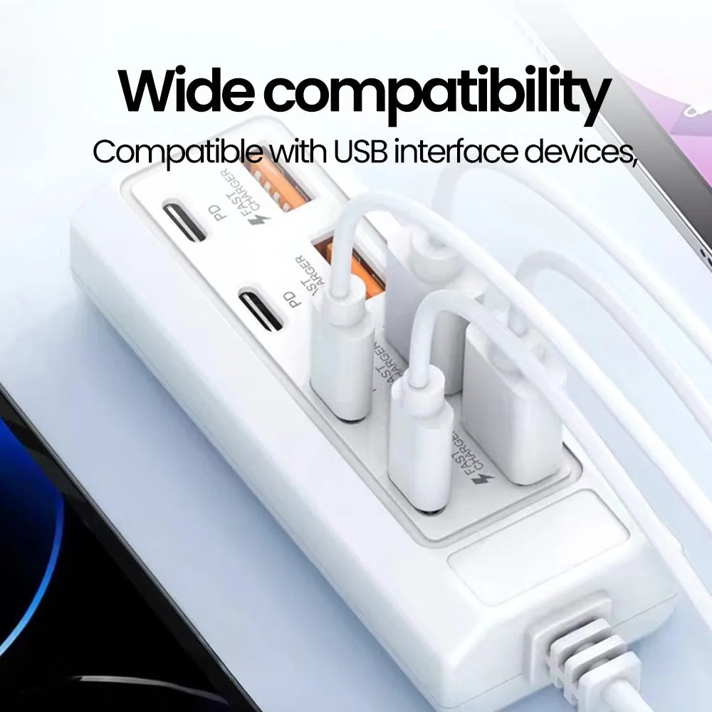 White 8-in-1 USB wall outlet adapter with multiple charging ports and cables.
