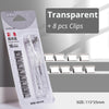 A package of transparent paper clips and 8 clips is shown with a paper clipper inside.