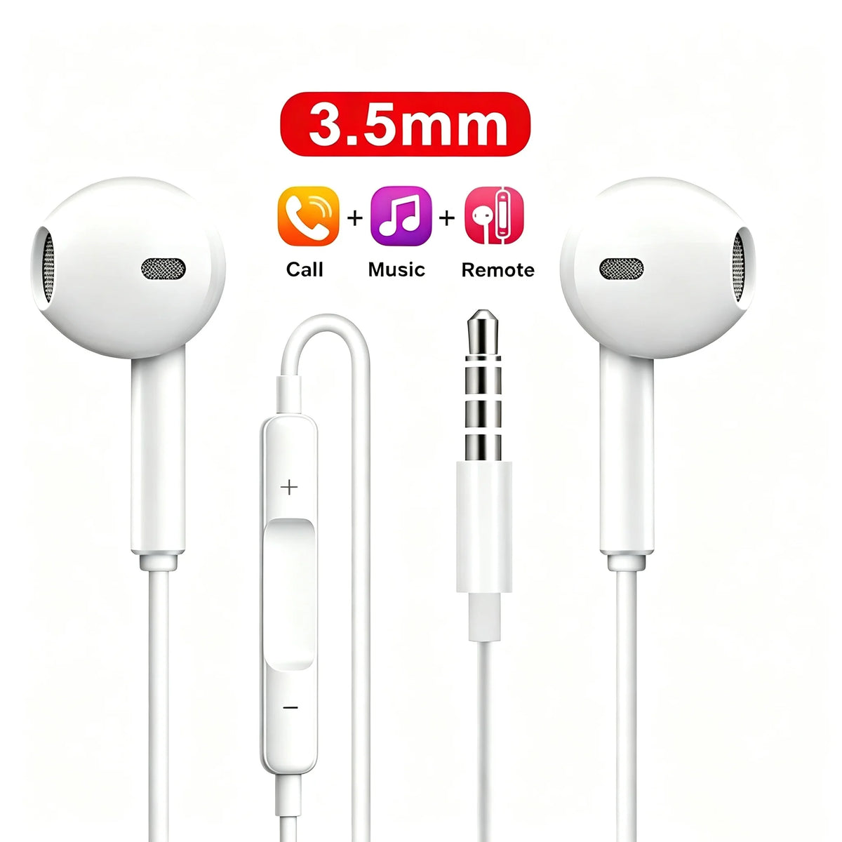 White wired earphones with a 3.5mm jack and a Type-C connector shown alongside the earbuds.