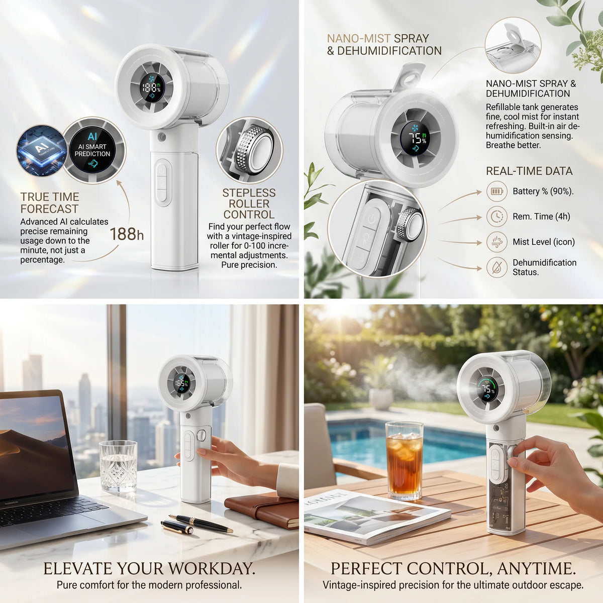 A portable handheld fan with a silver body and a clear lens is shown in various contexts, highlighting its features.