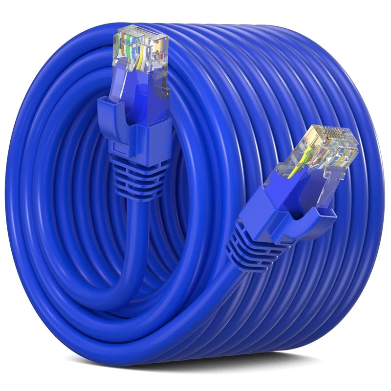 A blue coiled high-speed Cat 6 Ethernet network cable with connectors visible.