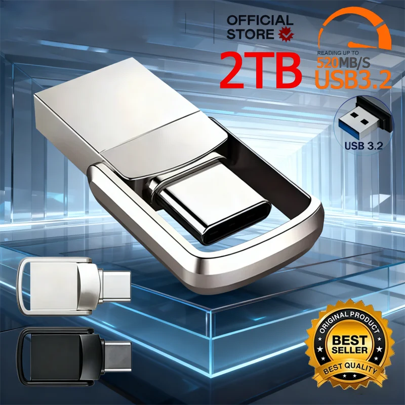 A silver 2-in-1 USB 3.2 Type-C flash drive is shown with its connector and housing components.