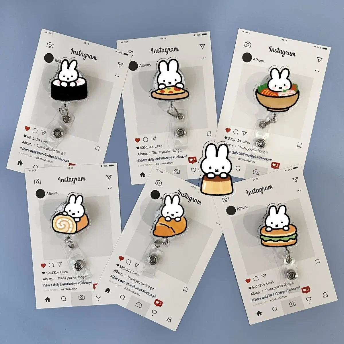 A collection of Instagram-themed badge reels featuring a cute white rabbit design on various colored cards.