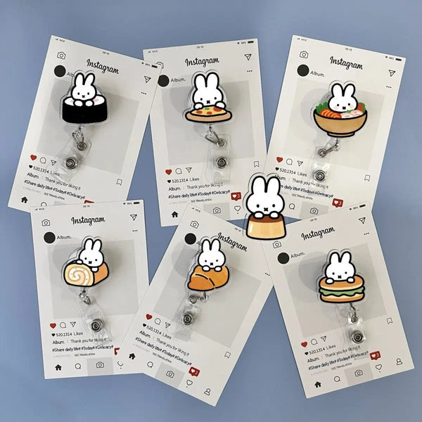 A collection of Instagram-themed badge reels featuring a cute white rabbit design on various colored cards.