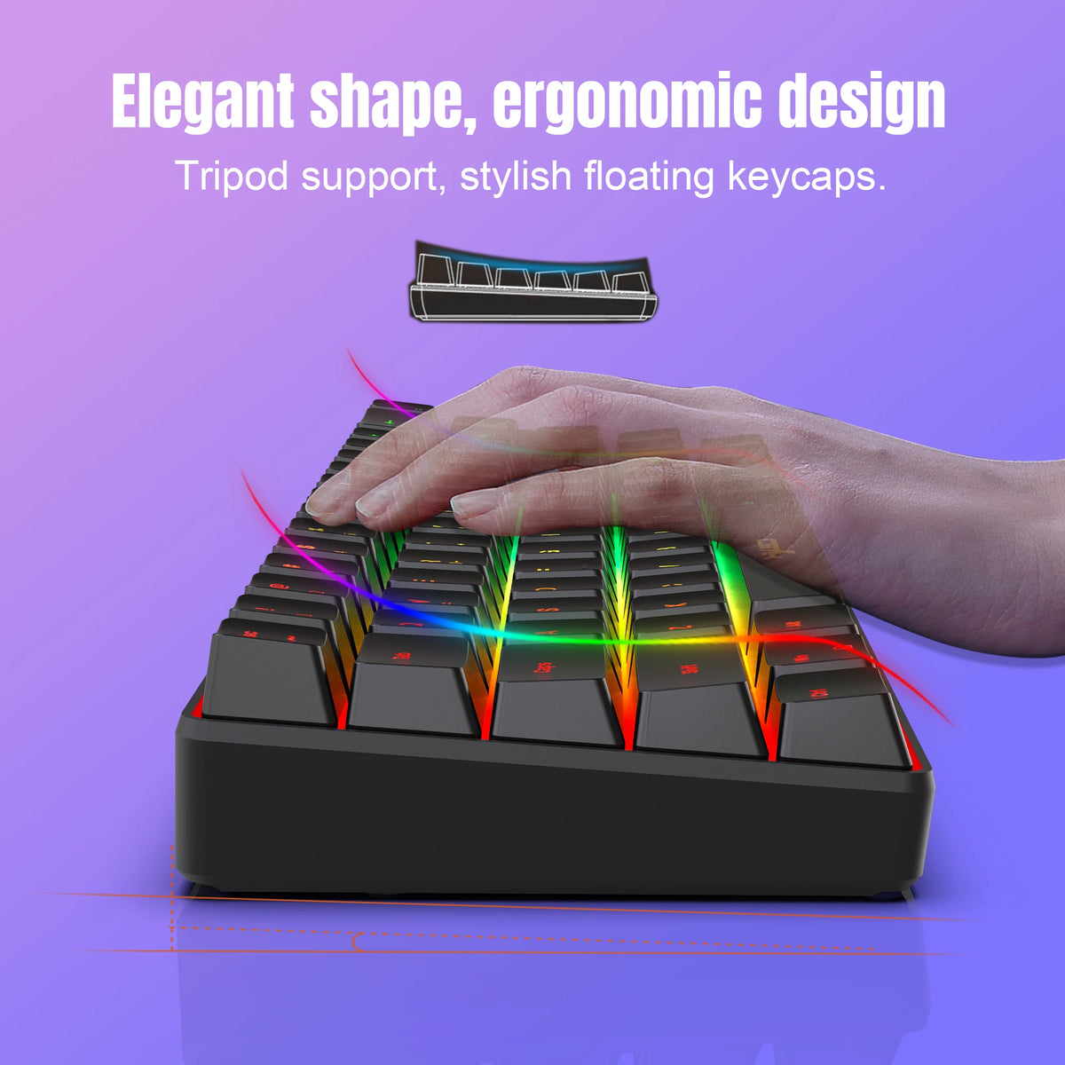 A hand is pressing keys on a black 68-key wired RGB gaming keyboard with floating keycaps.