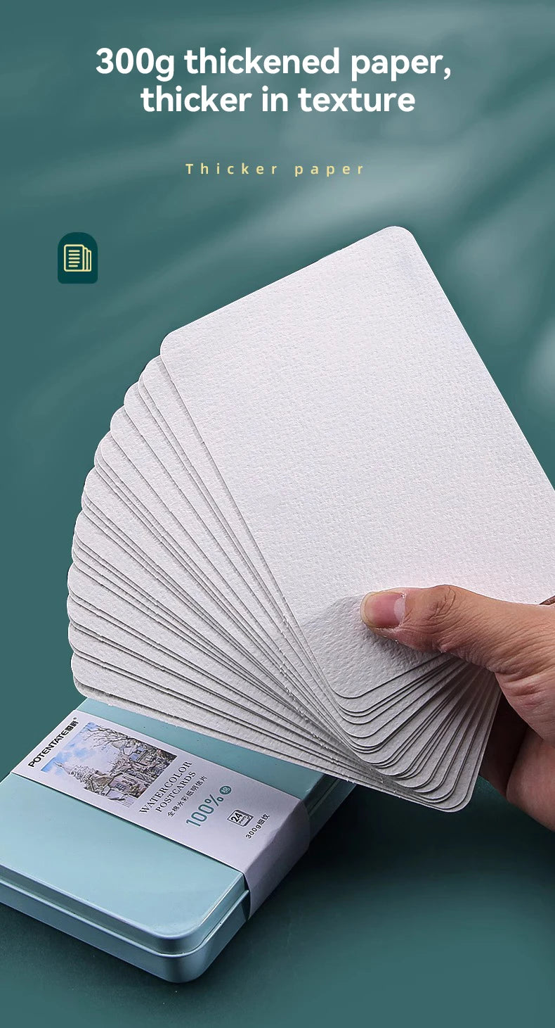 A stack of white watercolor paper cards is shown next to a light blue card holder.