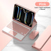 Pink magnetic keyboard case for iPad Pro with a touch keyboard and mouse shown on a white marble surface.