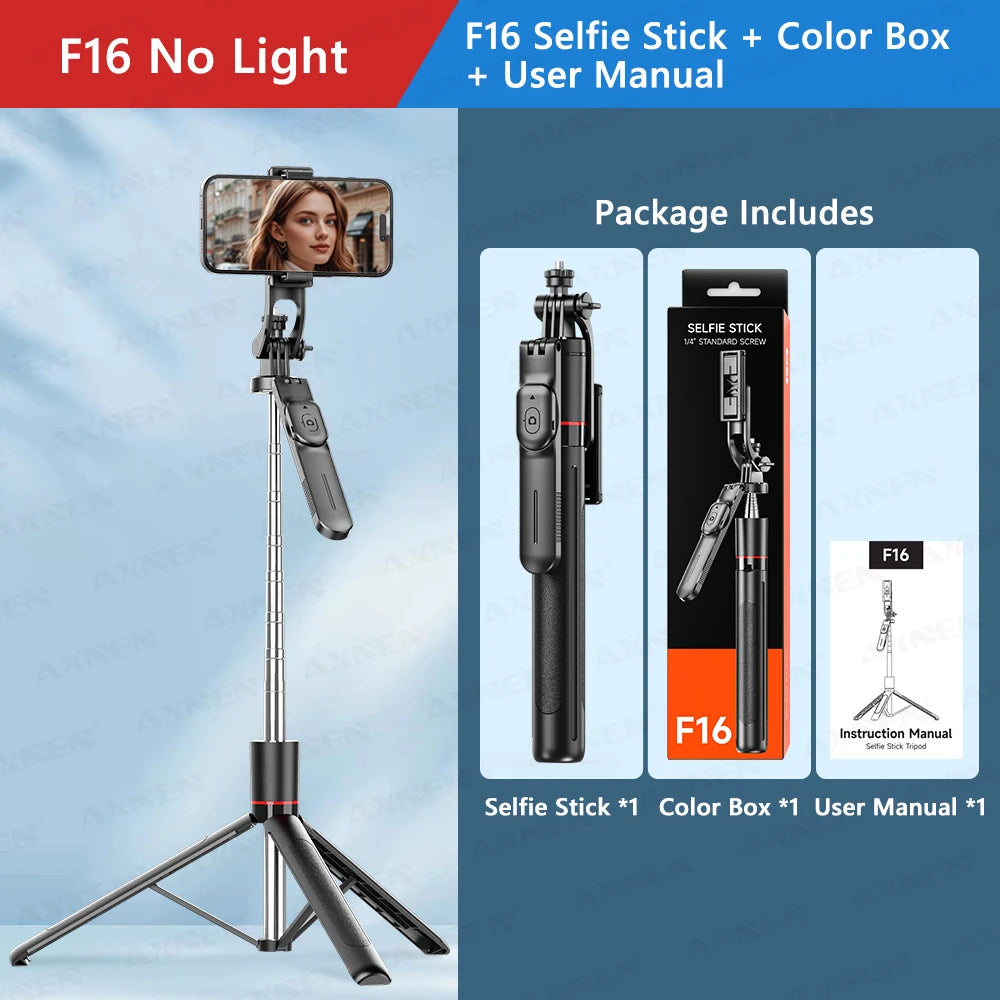 F16 selfie stick tripod kit including the stick, color box, and user manual