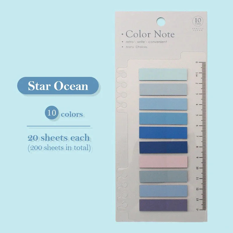 A pack of 10 Color Note sticky notes in various shades of blue and purple, with a ruler for size reference.