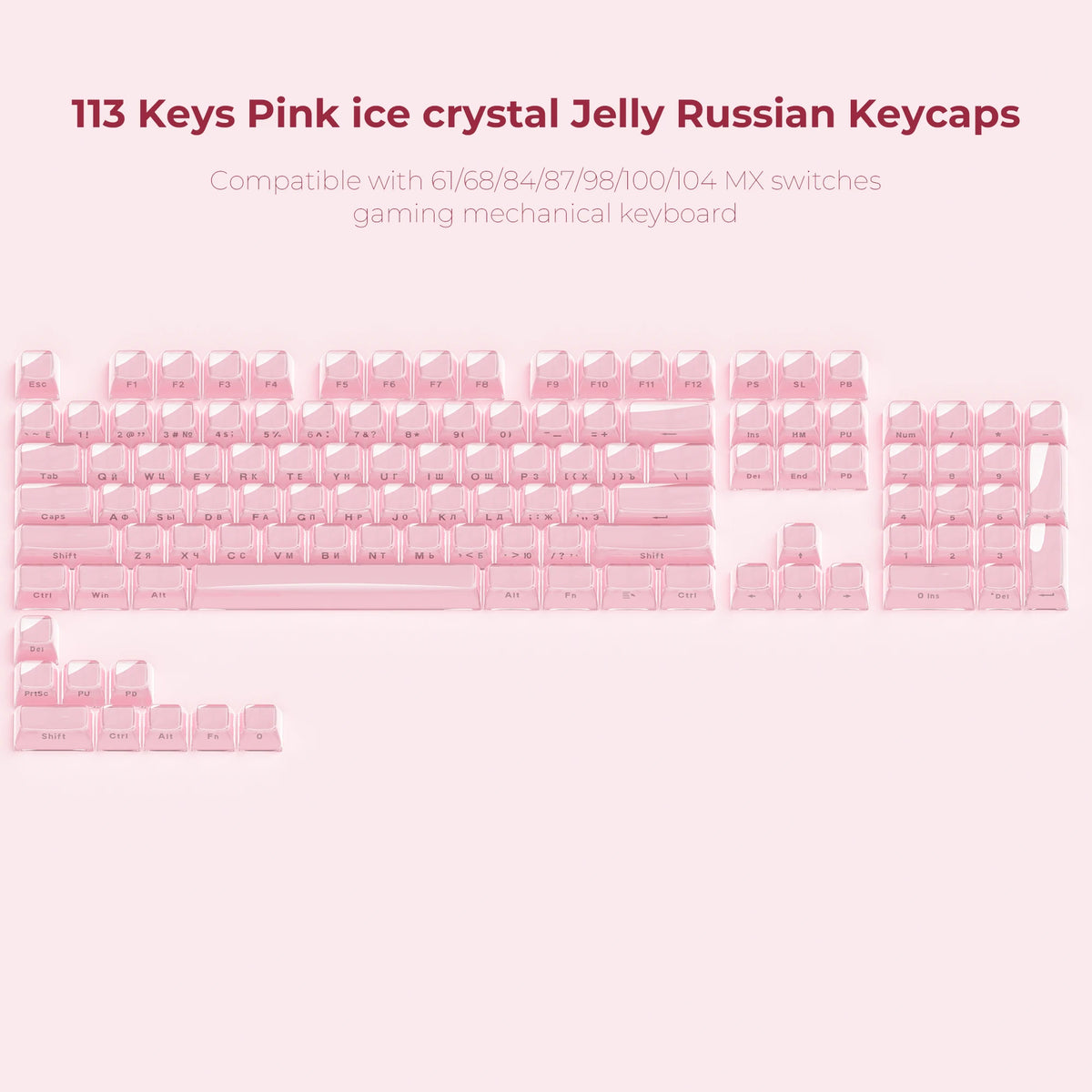 A collection of 113 pink ice crystal jelly mechanical keyboard keycaps for gaming keyboards.
