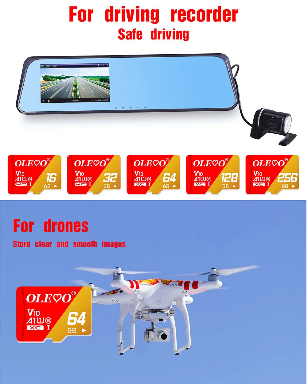 A portable driving recorder device and a drone are shown with various memory card storage options.