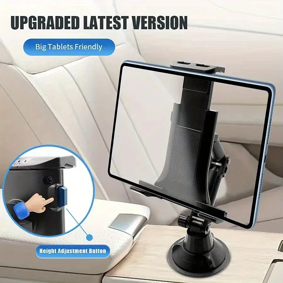 A black tablet mounted on a flexible, adjustable arm within a clear protective case.
