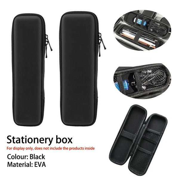 Black EVA hard shell pencil box with mesh pockets shown in various views