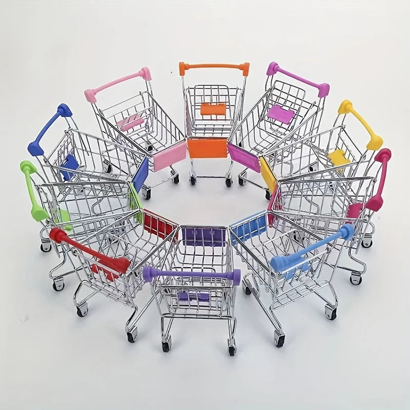 A collection of miniature metal shopping carts in various colors and sizes arranged in a circle.