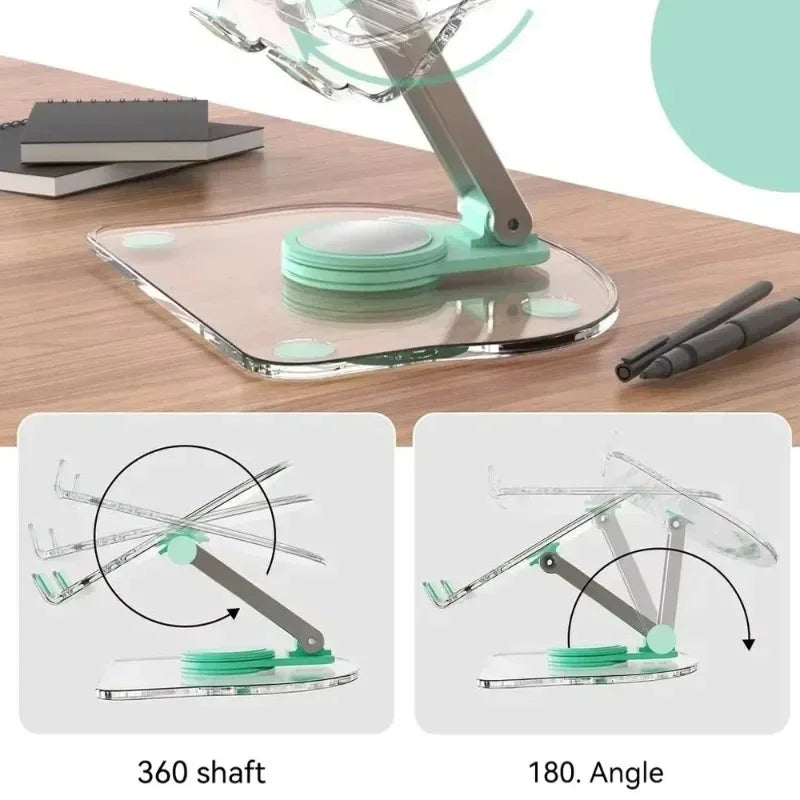 A clear acrylic stand for tablets and phones showing 360 degree and 180 degree adjustable angles.