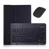 A black leather keyboard case with a detachable Bluetooth keyboard shown next to a wireless mouse.
