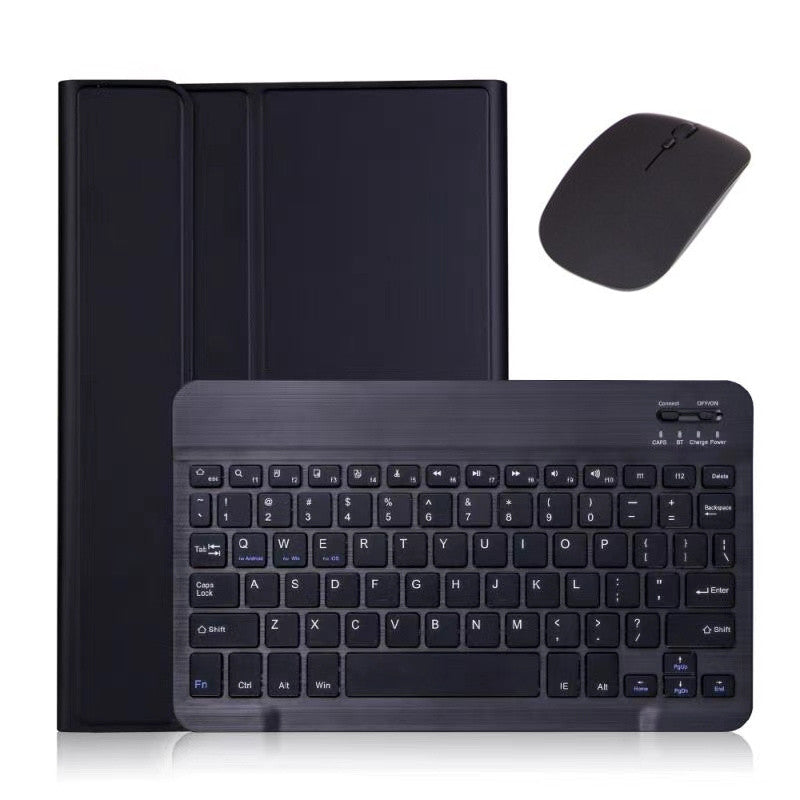 A black leather keyboard case with a detachable Bluetooth keyboard shown next to a wireless mouse.