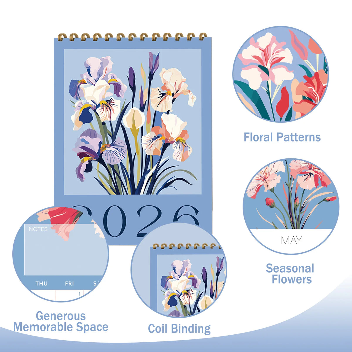 Calendario de escritorio mensual decorativo con patrones florales, flores de temporada y encuadernación en espiral.