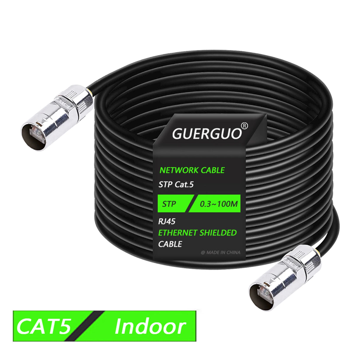 Black shielded network cable for STP Cat5 Ethernet, coiled and with connectors visible.