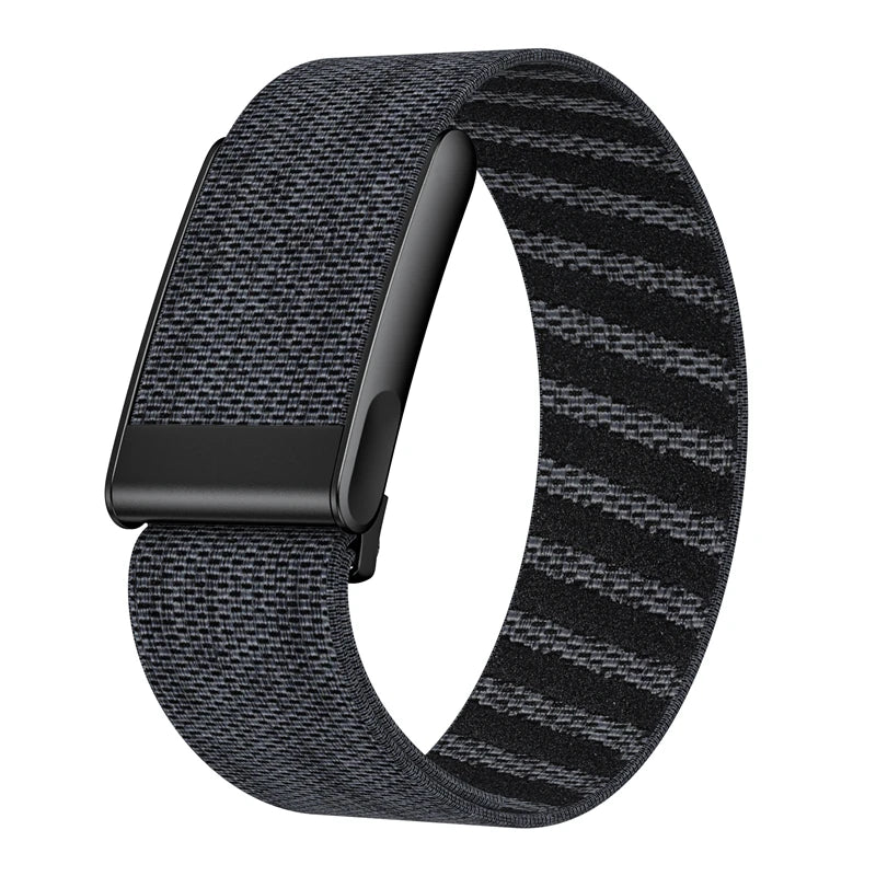 Black soft nylon braided strap for a Whoop 5.0 watch band shown on a white background.
