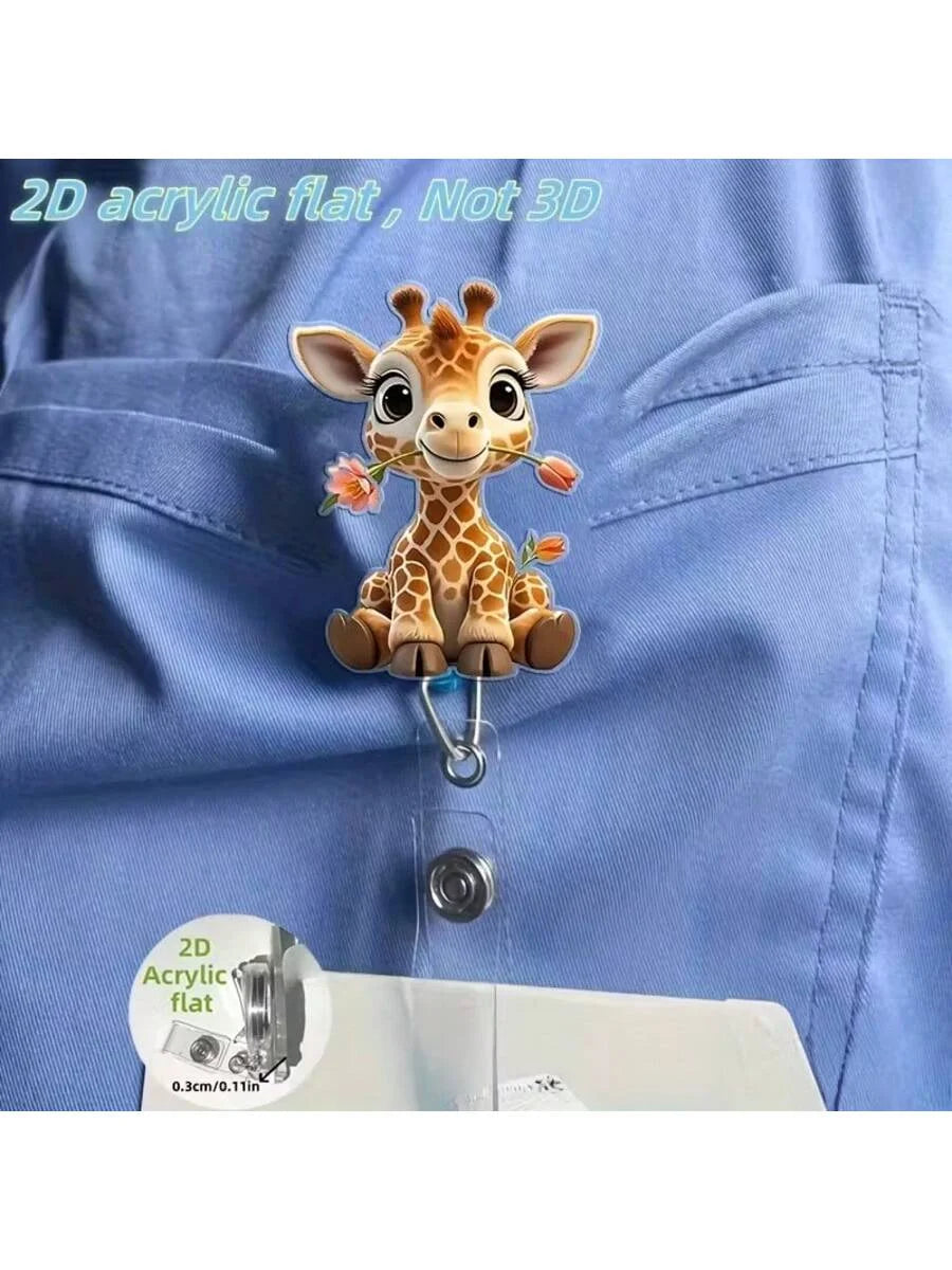 2D-Acryl-Giraffen-Anhänger befestigt an einen ausziehbaren Pflegernachweishalter.