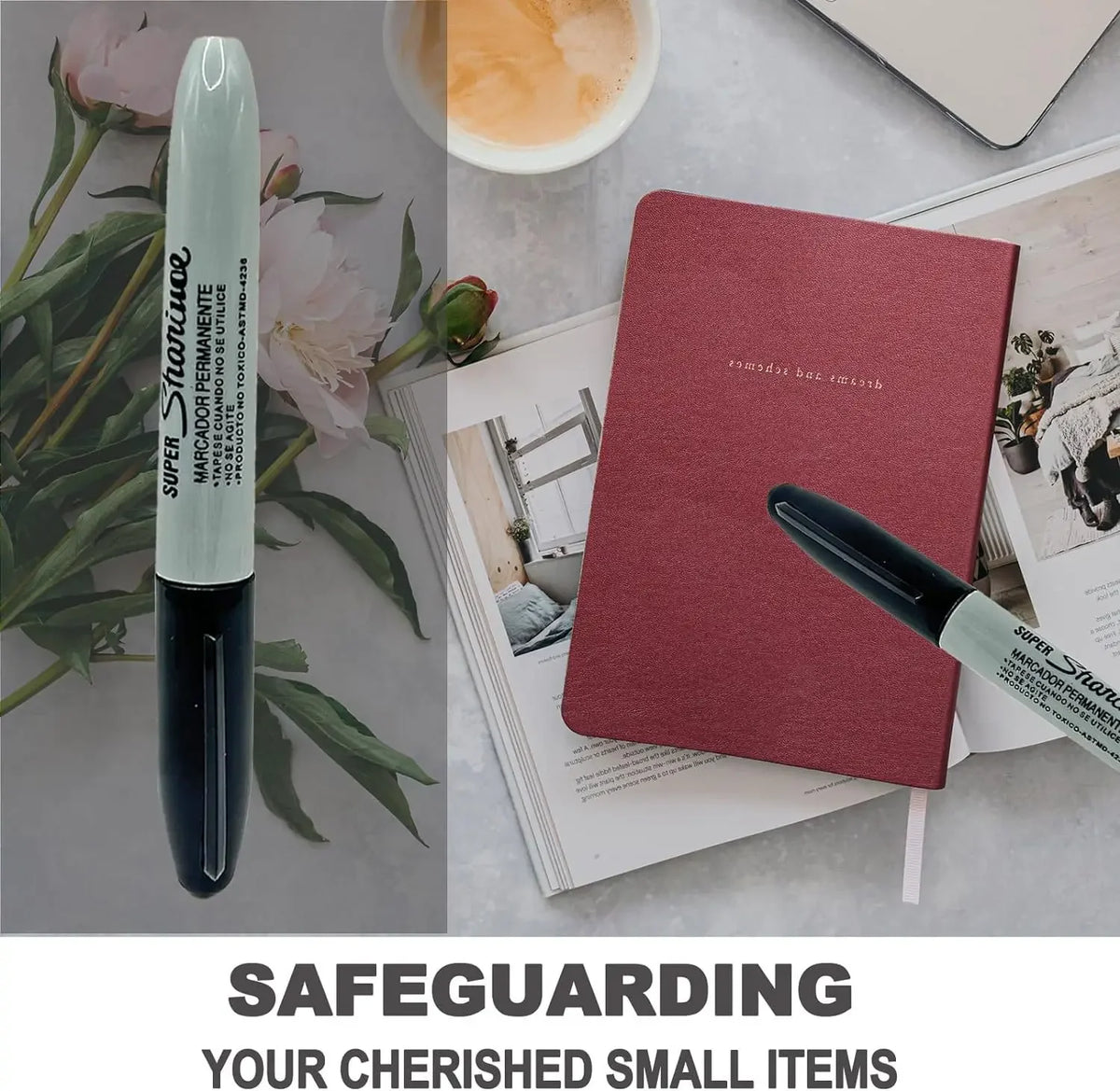 A green marker pen is shown next to a red notebook, illustrating safeguarding small items.
