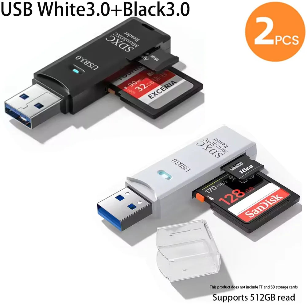 Two black USB 3.0 cards are shown, including a flash drive and an SD card reader module.