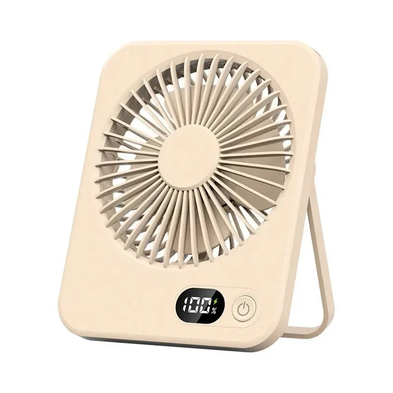 A beige portable folding USB fan with a circular grille and power button.