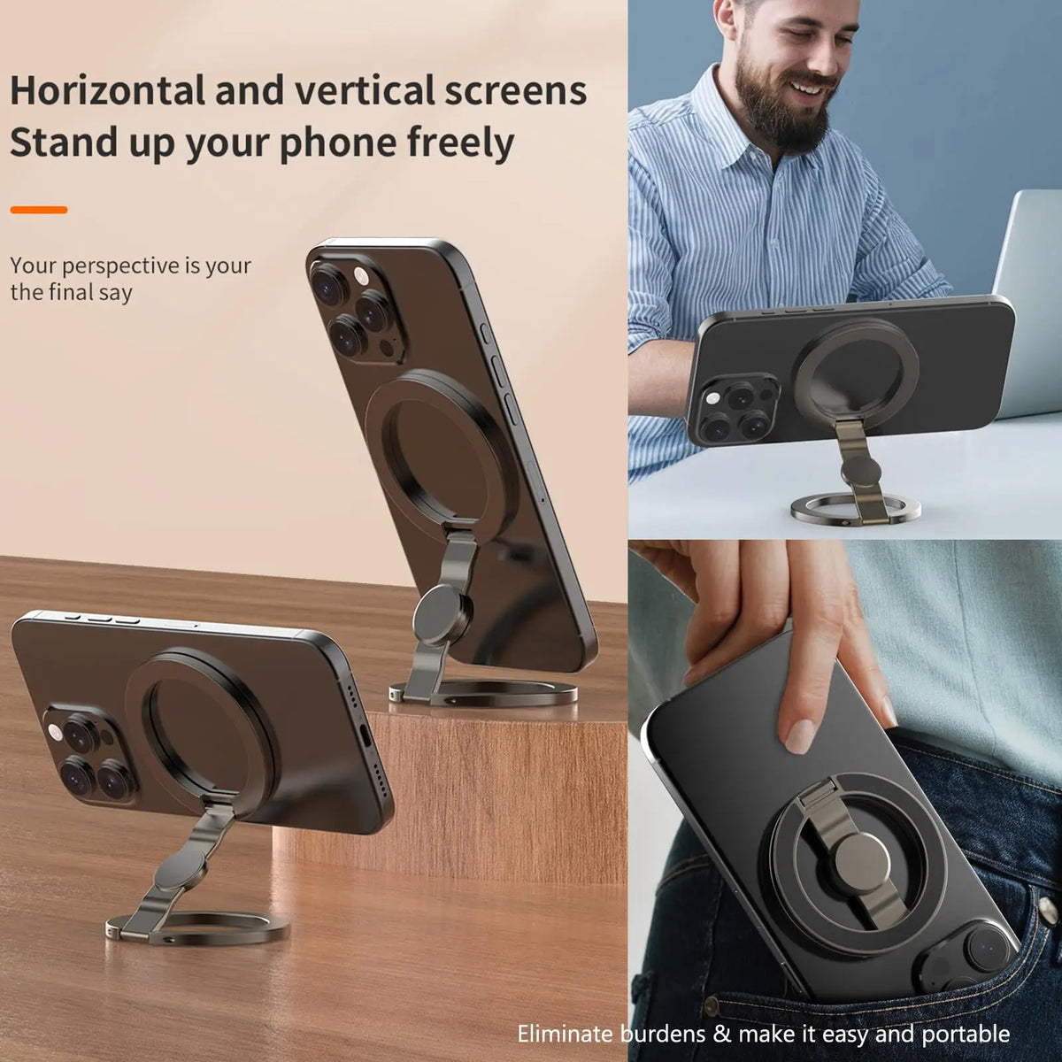 A dark gray dual magnetic phone stand is shown in various angles, demonstrating how it holds a smartphone horizontally and ve