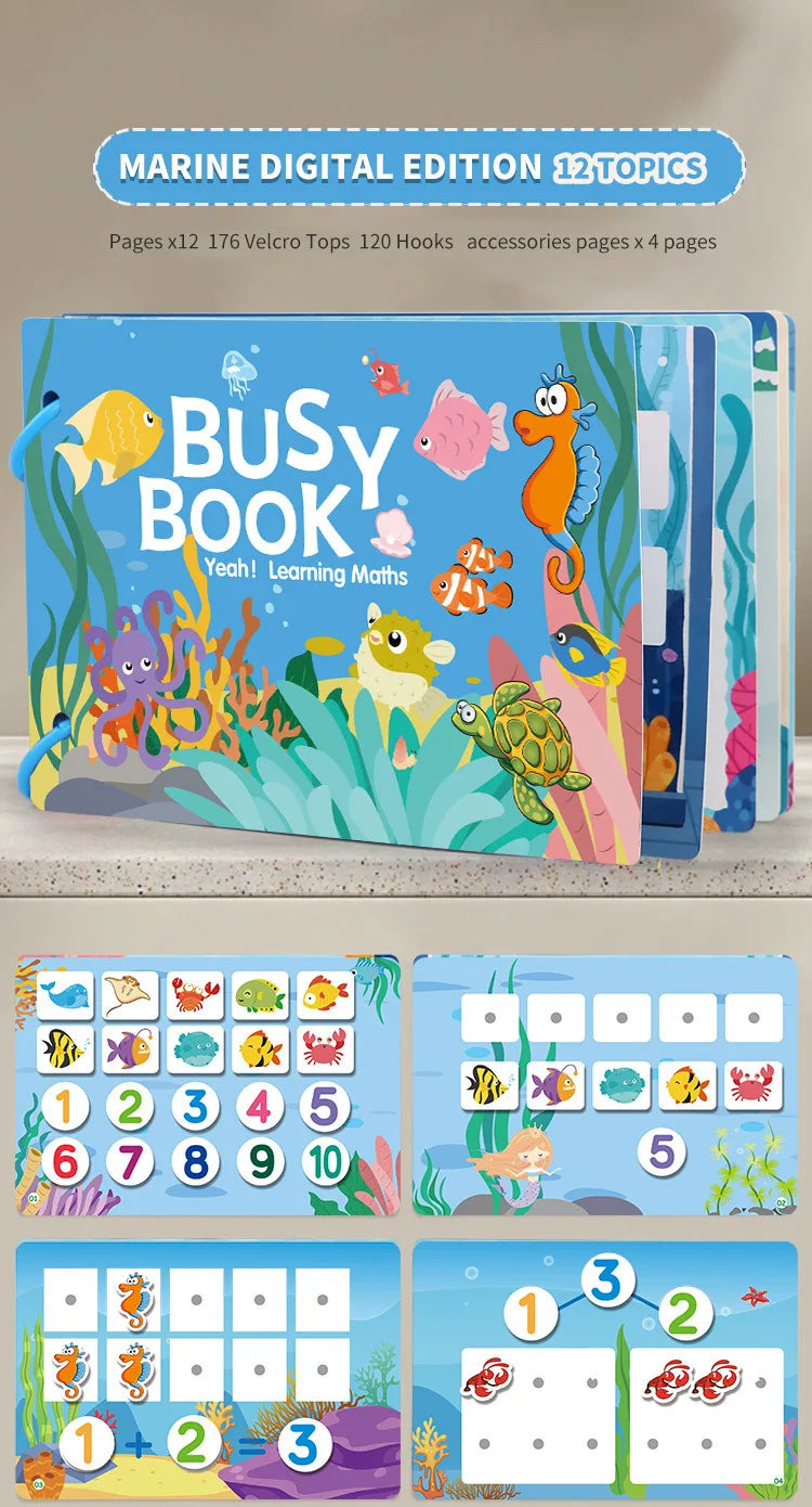 A marine digital edition book featuring 12 topics and various activities for learning math skills.