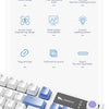 A white mechanical keyboard is shown with various features listed, including 95key design and two-tone injection molding proc