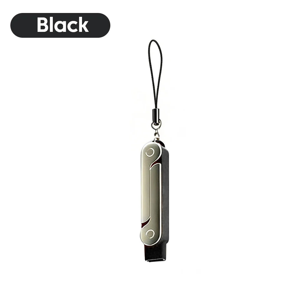Black USB-C male to female adapter with a foldable stand and keychain.