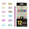 A pack of 12 metallic coloured pencils with a black case and a single pencil shown.