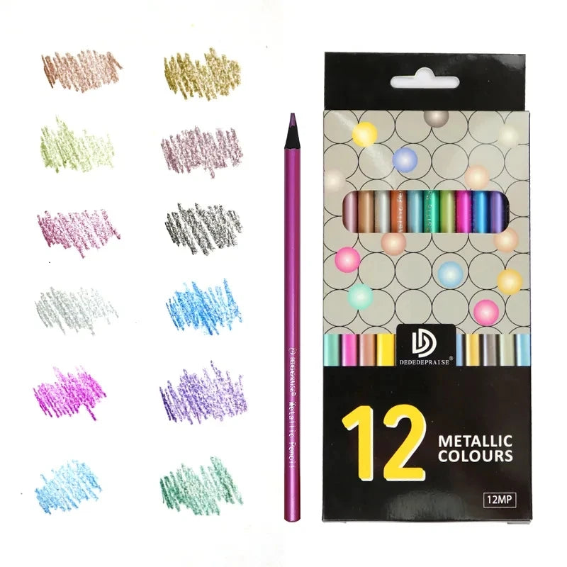 A pack of 12 metallic coloured pencils with a black case and a single pencil shown.