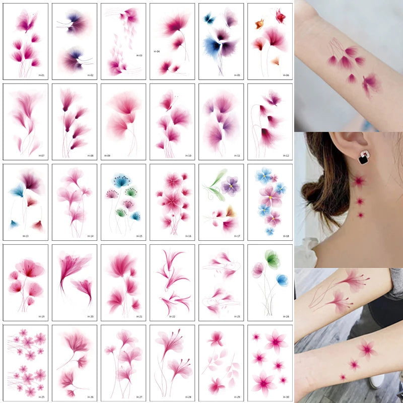 Colección de pegatinas temporales multi-diseño con flores rosas y azules para la piel.
