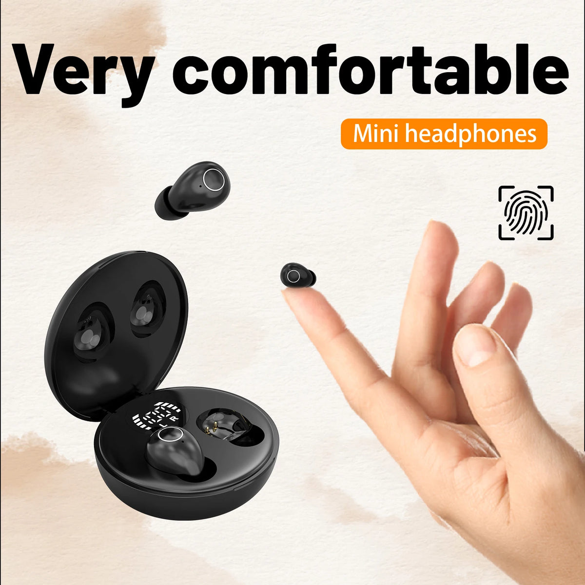 Una mano sostiene y demuestra auriculares mini, mostrando la comodidad y el diseño del producto.