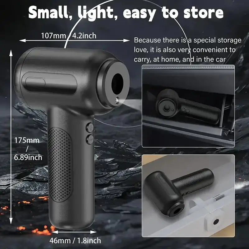 A black cordless air duster and blower tool shown with dimensions and storage options.