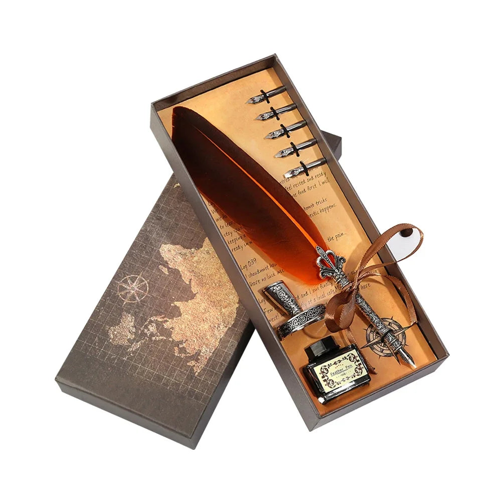 A wooden box containing a feather dip pen set with various pens and a map inside.