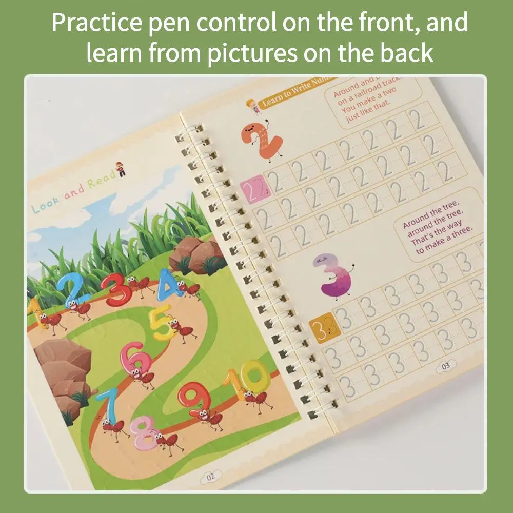 A spiral-bound educational practice book showing numbers 1 through 10 with corresponding pictures on the front and back.