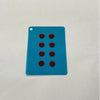 A rectangular blue plastic card with six red circular holes for DIY mouse skates.