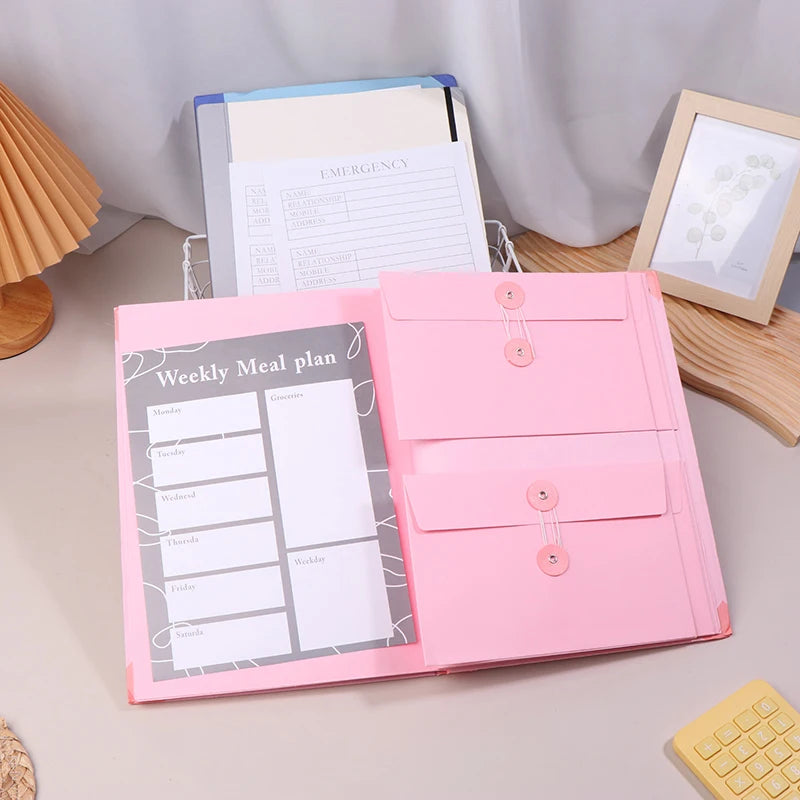 Pink expanding accordion document organizer file folder with weekly meal plan and emergency sheets