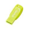 A bright lime green SanDisk Ultra Shift USB 3.2 flash drive is shown from above.